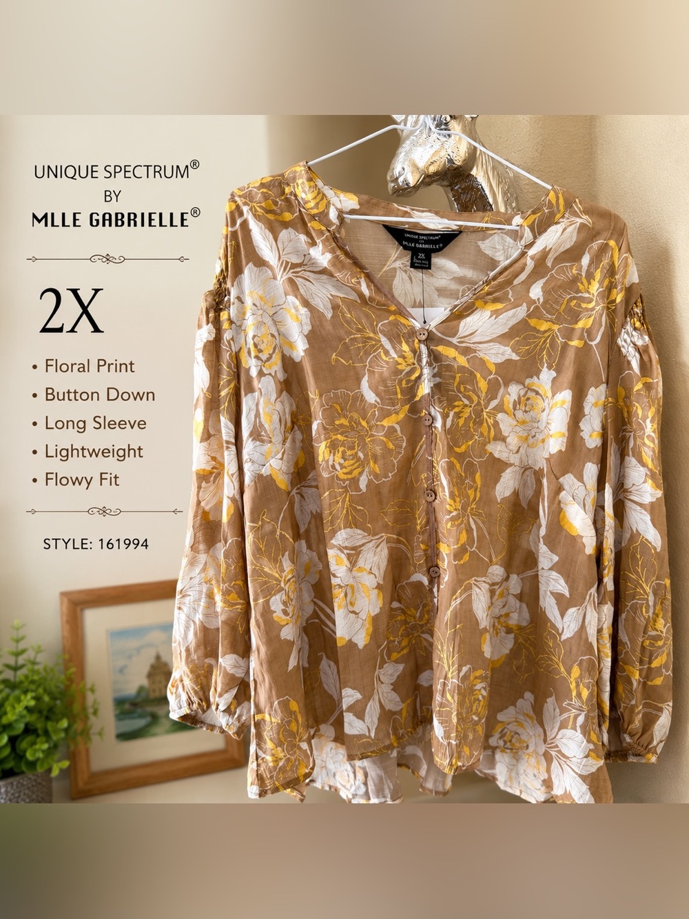 Mlle Gabrielle Floral Button-Down Blouse with White & Gold Flowers NWT